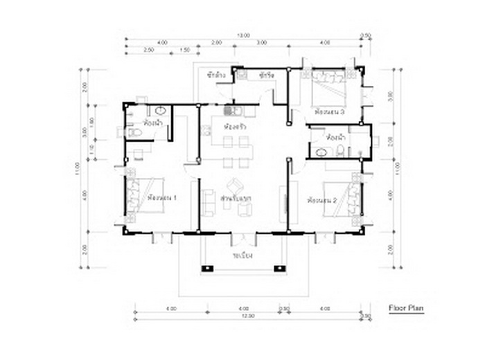 1141 square feet Single Story House  Plan  with Three  