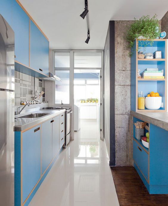 Best Long Narrow blue colour Modern Kitchen Ideas 