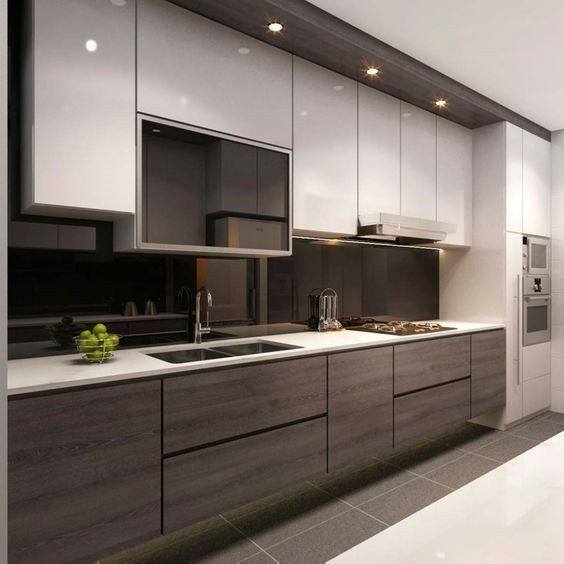 Best Long Narrow white and wood colour Modern Kitchen Ideas 