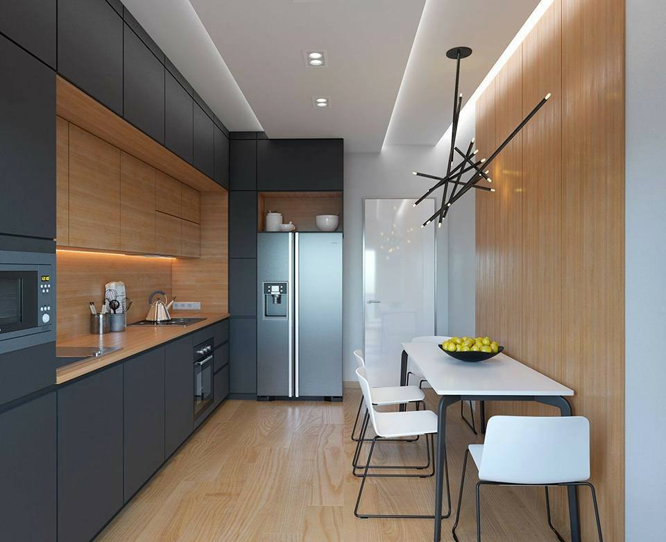 Best Long Narrow black and wood colour Modern Kitchen Ideas 