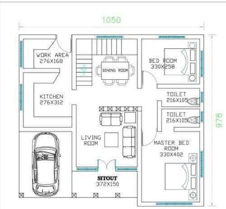 1000 square feet 2 bedroom home plan